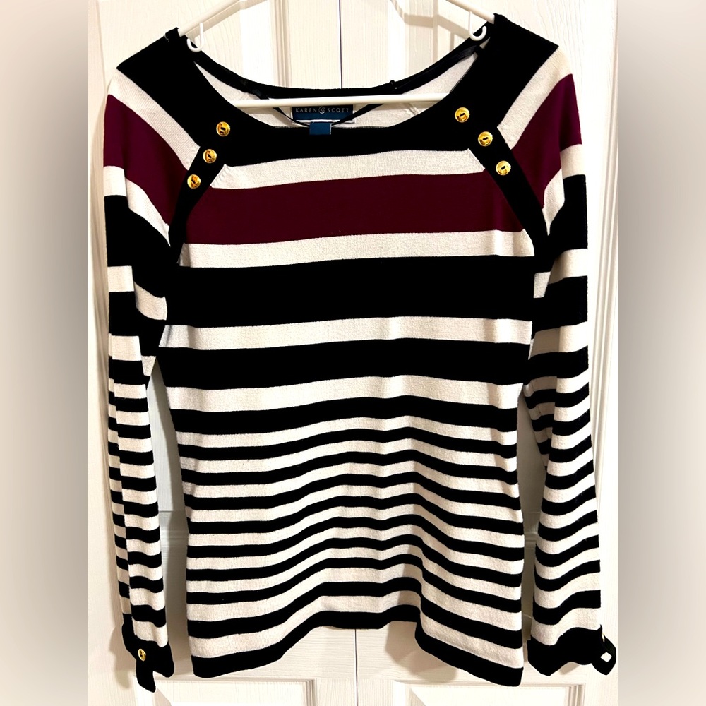 Karen Scott Striped Sweater with Gold Button Accents Size Small
